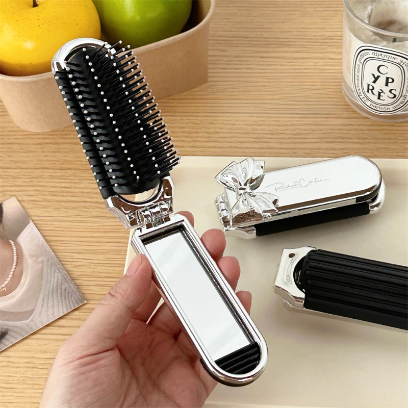 Bow Mini Hair Brush Folding Massage Combs Head Massage Anti-Static Hair Brush Girl Hair Combs with Mirror Portable Traveling