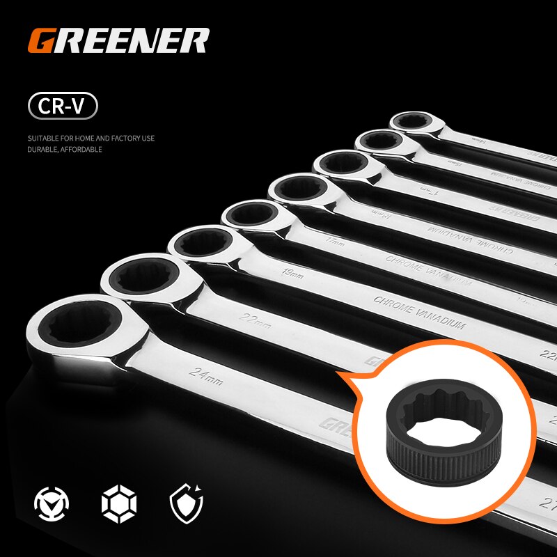 Groener Chrome Vanadium Ring Dubbele Hoofd Ratelsleutel Omkeerbare 8-9-10-12-13-14-15-16-17-18-19mm Ratchet Combinatie Spanner