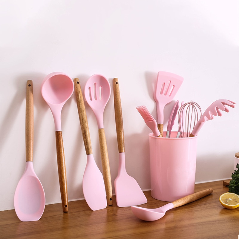 11 st silikon köksredskap set, rosa massivt trä handtag med förvaringslåda, köksutrustning kit köksredskap tillbehör