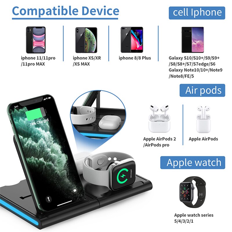 4in1 15W Wireless Charger Splicing Stand Holder for Apple Watch 5 4 3 iPhone 11 Xs Max Airpods Pro/2 Fast Charging for Samsung