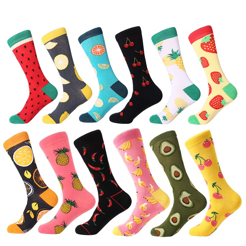 MYORED 12 par/lote calcetines informales para hombre a cuadros coloridos dibujos animados de frutas animales lunares rayas feliz de negocios calcetas de algodón de vestir Hombre: T021