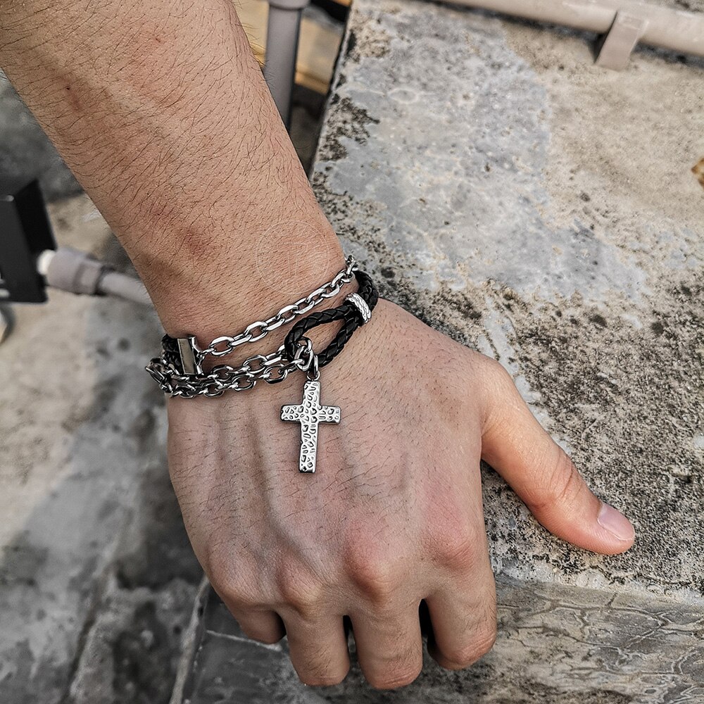 Rvs Armband Dubbele Gelaagde Cross Charm Lederen Armband Kabel Ketting Zwart Punk Polsband Voor Mannen Jongens DLB195