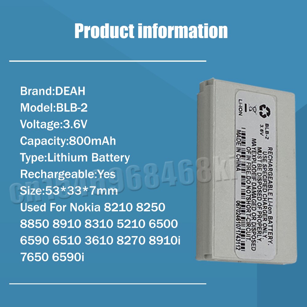 1-20PCS BLB-2 BLB 2 BLB2 Replacement Li-ion Phone Battery For Nokia 8210 8250 8850 8910 8310 5210 6500 6590 6510 3610 8270 8910i