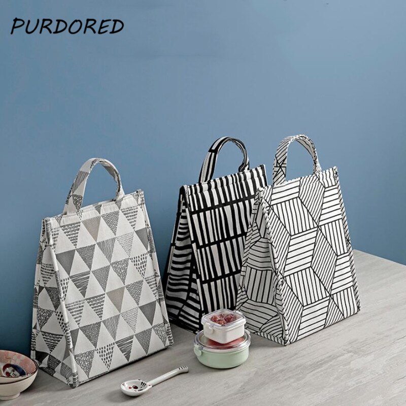Purdored 1 pc geometrie lunchtas voor vrouwen grappige kinder bento koeltassen thermische reis ontbijtbox draagbare picknicktas