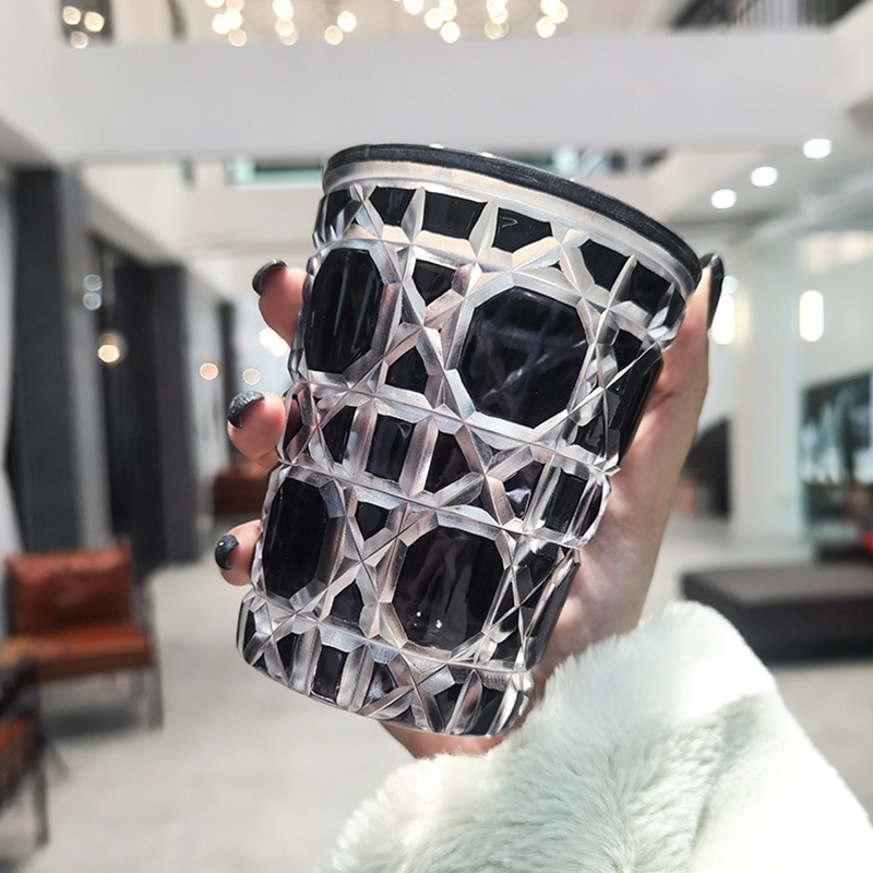 Diamond Whiskey Glass Beer Glass Water Glass Crystal Cut Glass Ins European Style Glass Luxury Simple Coffee Crystal Glass: Black 380ml-1pc