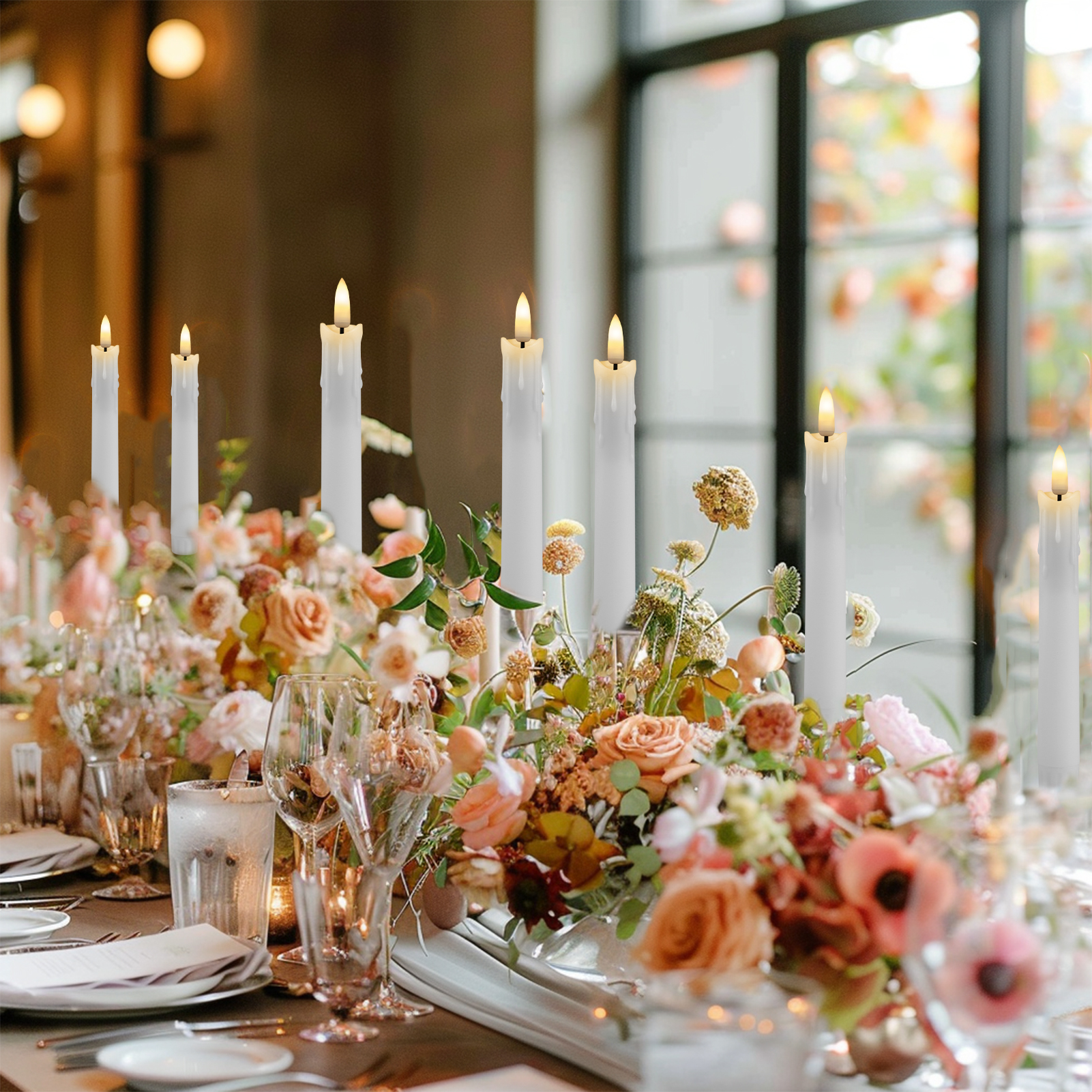 Pack of 12/24pc Flameless Flickering Ivory Taper Candles with Remote Battery Operated LED 3D Wick Candle Christmas Wedding Decor