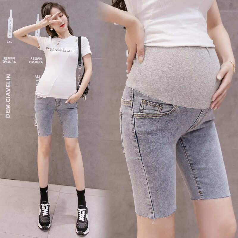 Jeans høj talje mave slank stretch shorts lyseblå denim capri-bukser barsel tøj gravide kvinder 1098