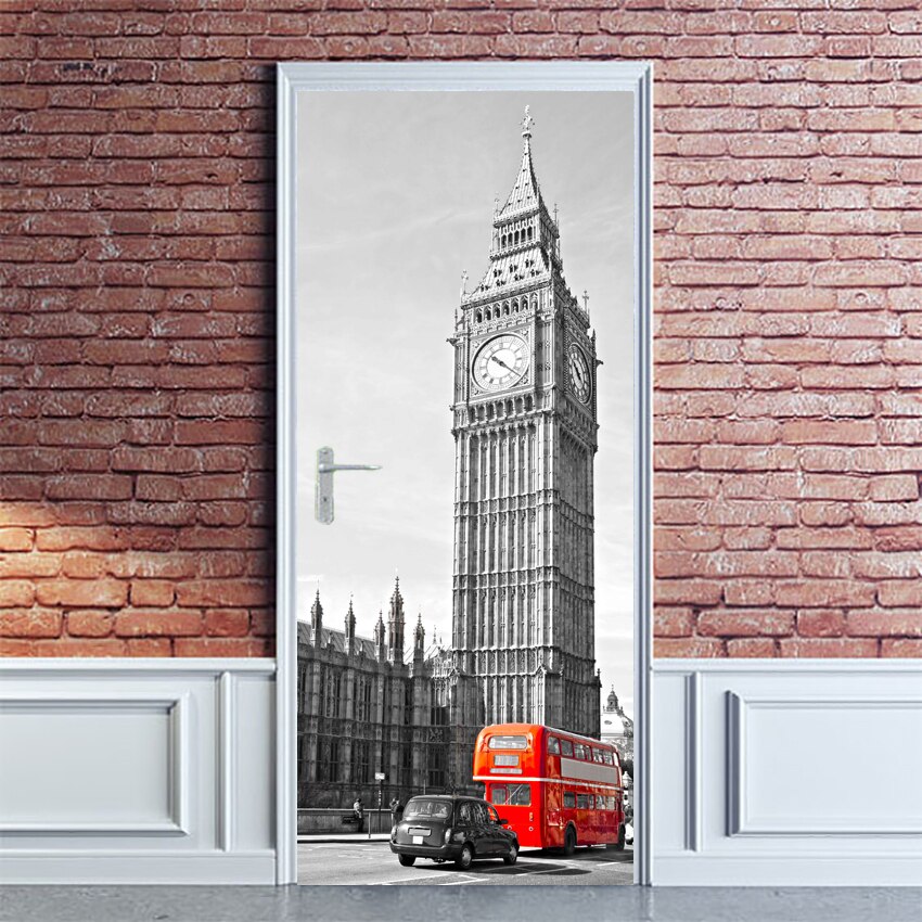Verwijderbare DIY 3D Deur Sticker Muur Sticker Decal UK Londen Big Ben Rode Bus Print Corridor Decor, 77cm 90cm