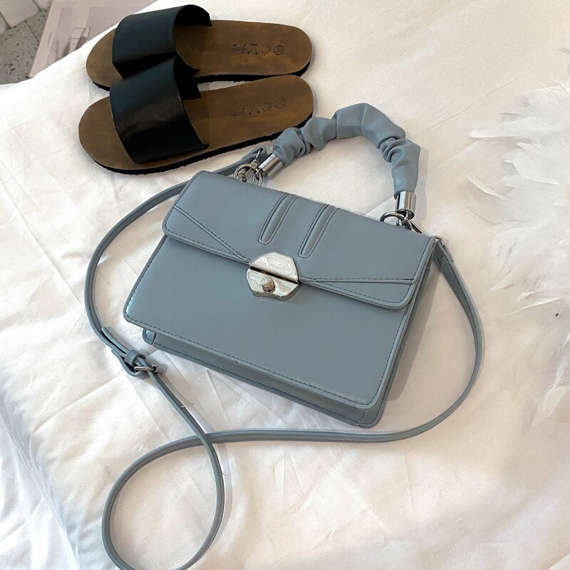 Effen kleur geplooide flip tote tas hoge pu leren dames handtas slot schoudertas messenger bag