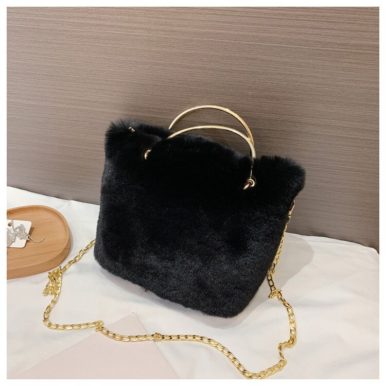 Meisje Mooie Zachte Pluche Schoudertas Faux Fur Winter Keten Crossbody Tas Draagbare Lady Casual Tote Party Handtas: Black