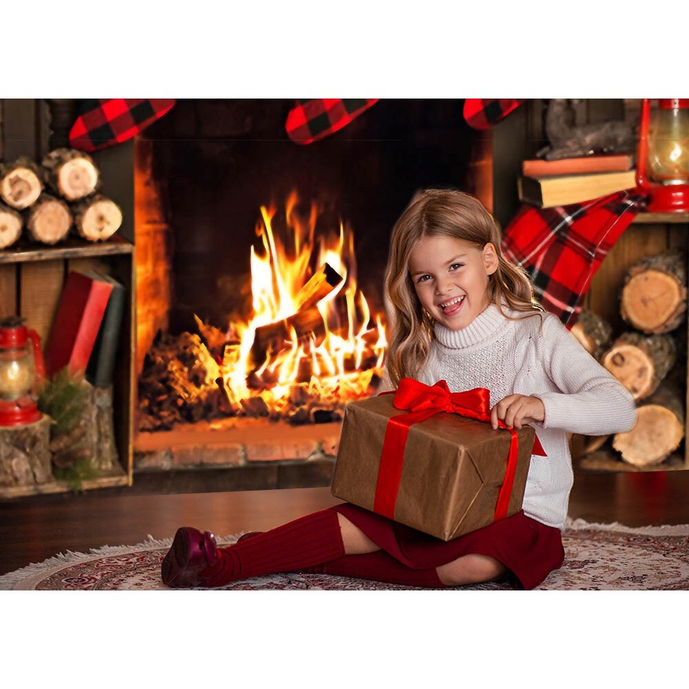 Inverno lareira de madeira fotografia pano de fundo meia vermelha natal aniversário retrato fundo bolo de natal quebra photo studio adereços