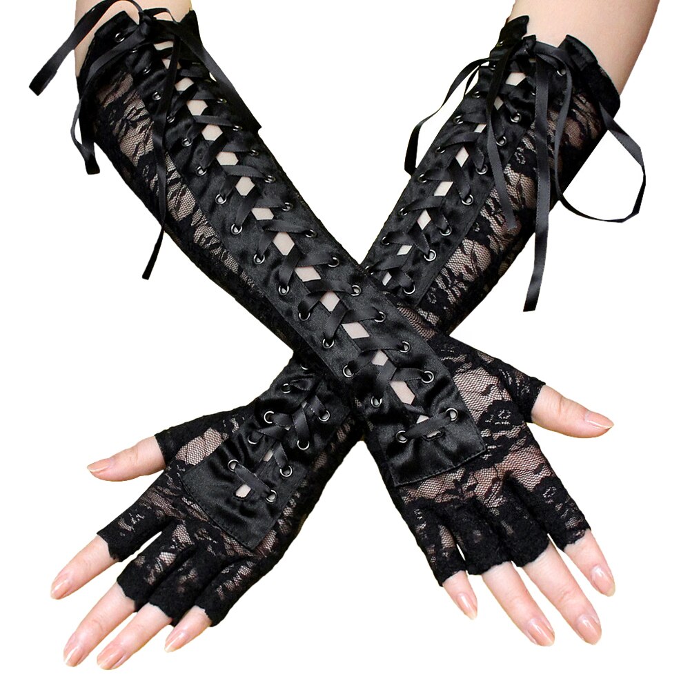 1 Paar Halloween Vintage Kant Lange Handschoenen Vrouwen Punk Gothic Mittens Vingerloze Cosplay Party Handschoenen Ceremoniële Bal Handschoenen