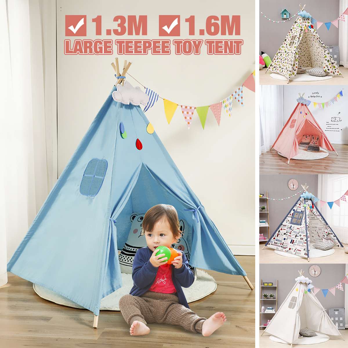 130cm/160cm Teepee grande lino in cotone per bambini Teepee tela Playhouse indiano gioco tenda casa bianco bambini Tipi Tee Pee tenda