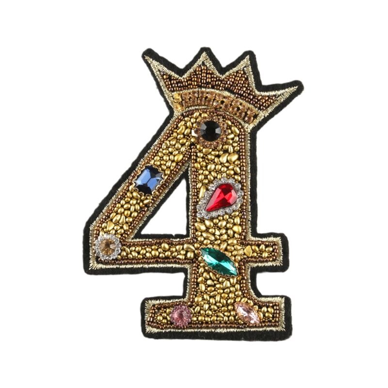 Parche de número 0-9, corona con cuentas de diamantes de imitación para coser/planchar en aplique, insignia, decoración DIY: 4
