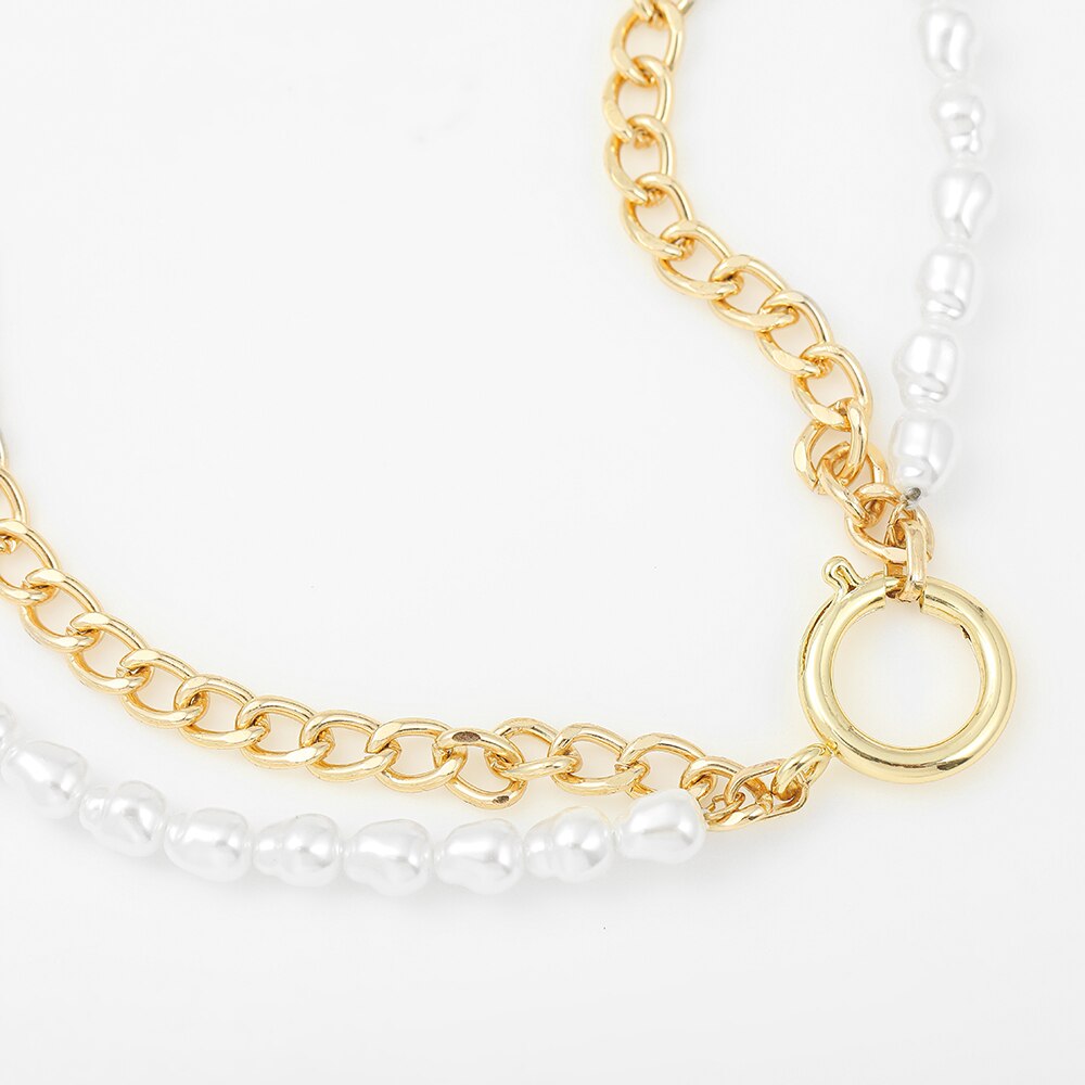 Vintage Pearl Necklaces for Women Round Buckle Double Layer Metal Link Chain Choker Necklace Birthday Jewelry