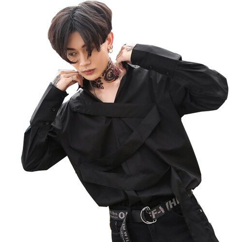 Men Long Sleeve Casual Shirts High Street Male Punk Hip Hop Black Dress Shirt Stage Clothing: M