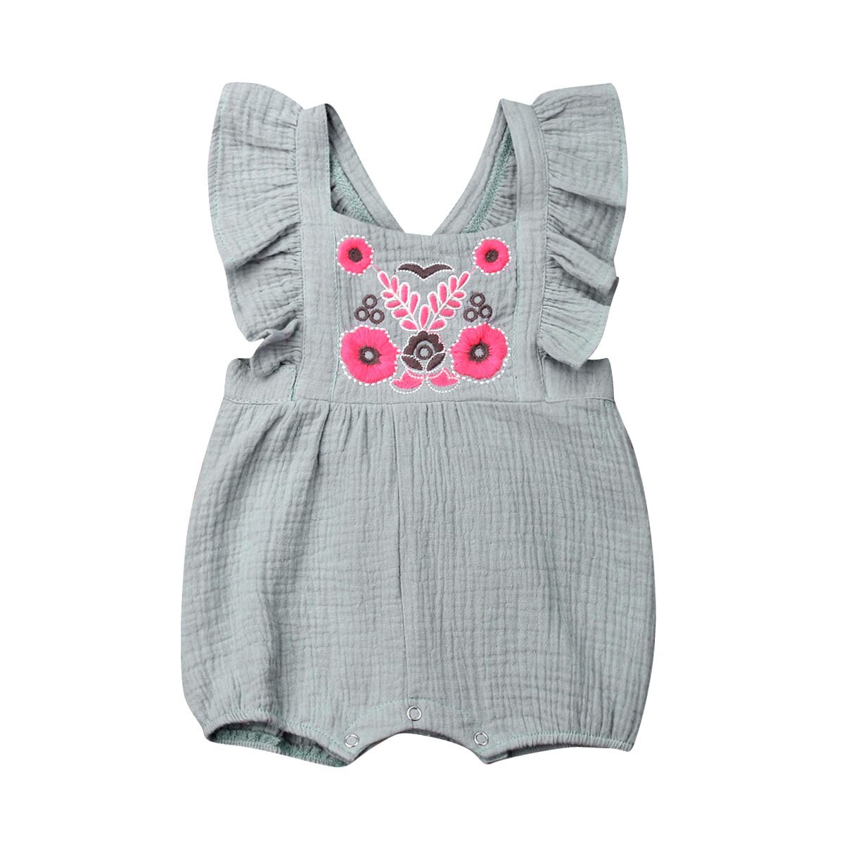 0-24M Zoete Katoen Linnen Baby Romepr Zomer Jongens Meisjes Bloemen Borduren Ruches Mouwloze Jumpsuit Playsuit Een stuk: B / 6m