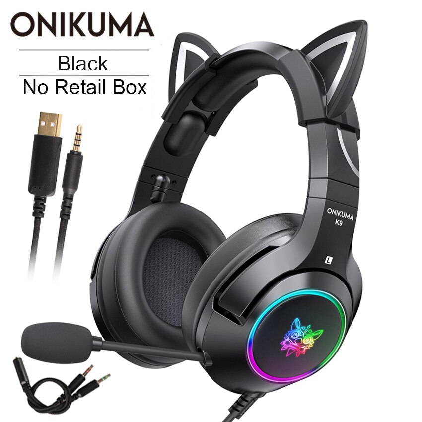 Onikuma K9 Gaming Headset Casque Leuke Meisje Roze Kat Oor Stereo Hoofdtelefoon Met Mic &amp; Led Licht Voor Laptop Computer gamer: Black No Box