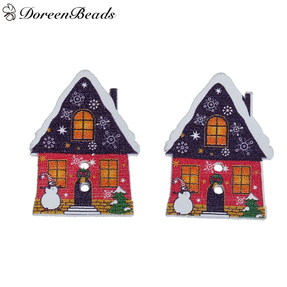 DoreenBeads Wood Buttons 2 Holes Christmas House Shape Snowman & Christmas Tree Painted 3.2cm x2.4cm(1 2/8" x1") 30 PCs