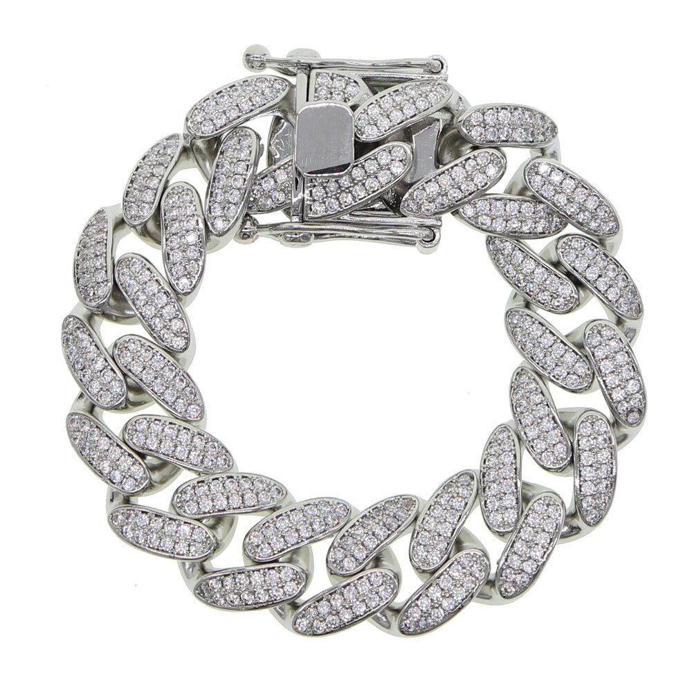Zilver Kleur 18Mm Classic Cubaanse Link Chain Iced Out Bling 2 Ruwe Cz Cubaanse Link Chain Armband Voor Vrouwen heren Hiphop Sieraden