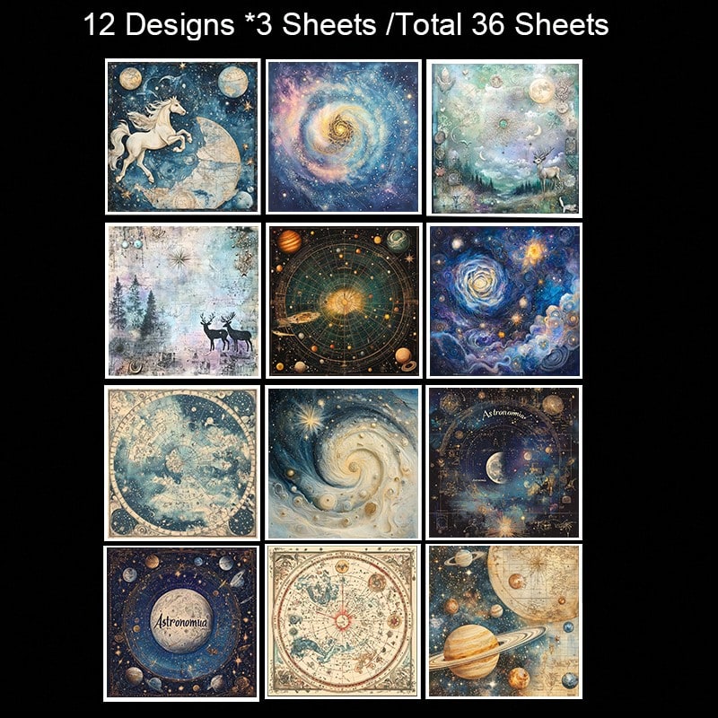 36 Sheets Starry Sky Scrapbook Paper Pack, Stationery Vintage Art Craft Pattern Scrapbooking Paper For Junk Journal Planner Card