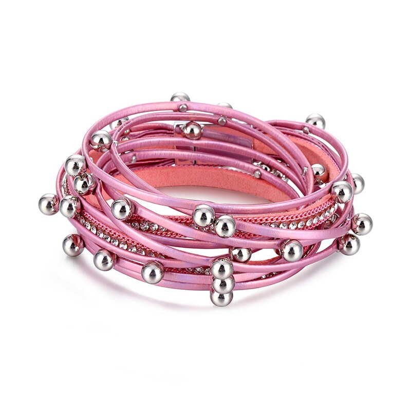 Rosa Leder Armbänder Für Frauen Kristall Metall Perlen Charme Armbinde Bohemien mehrschichtig wickeln Armbinde Femme Schmuck: A 3