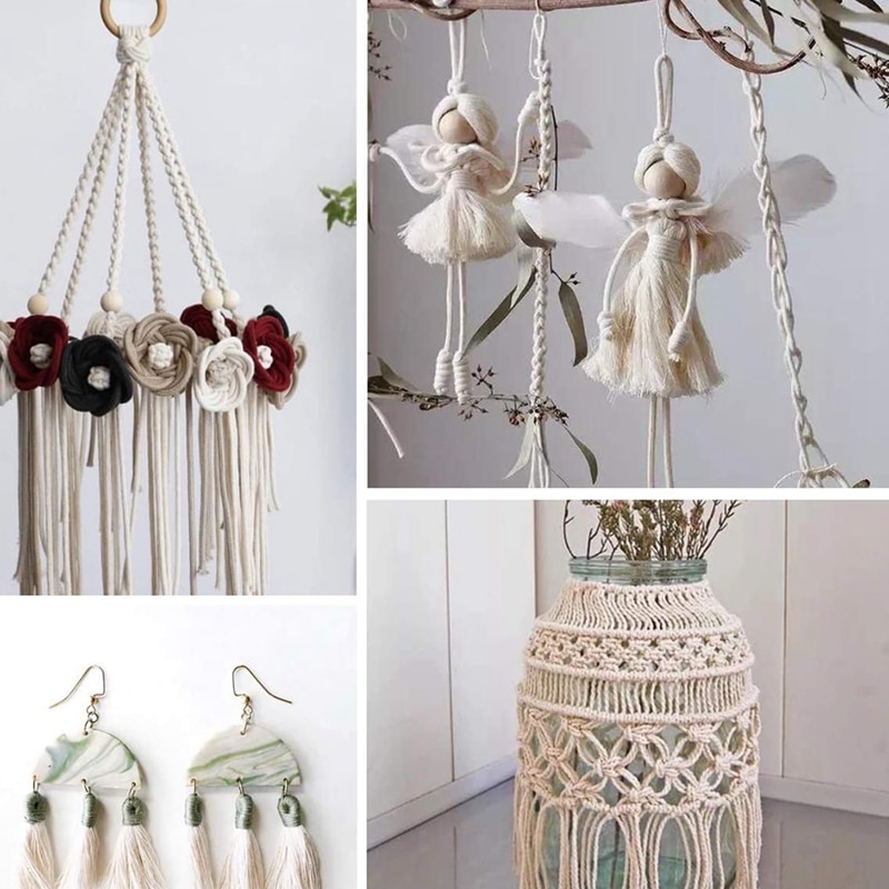 Natural Macrame Cord 3mm Cotton Cord with 8Pcs Wood Ring and 2 Wooden Stick For DIY Craft Plant Hangers Knitting