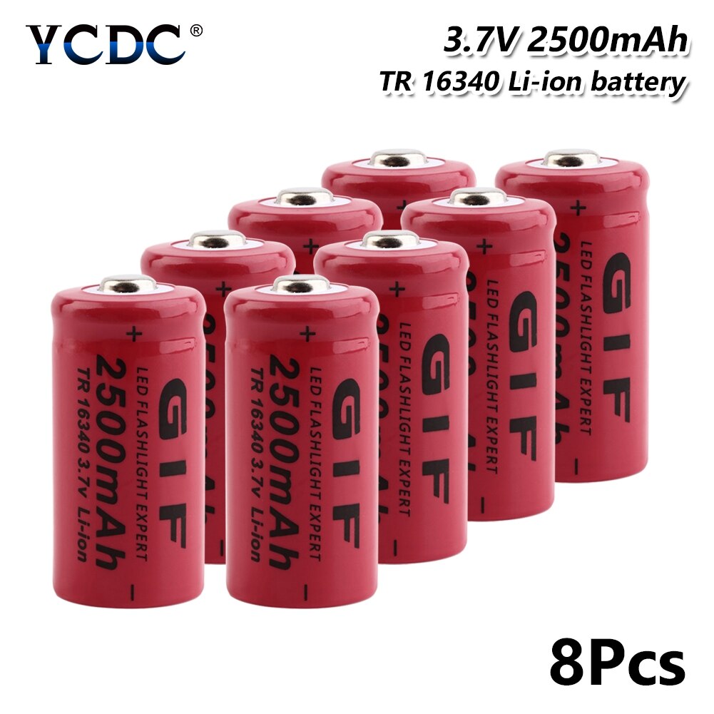 Rechargeable Batteries Torch Flashlight Rechargeable GIF Li-Po Lithium 16340 Battery 2500mAh 3.7V Li-ion Cell Bateria: 8 Pcs