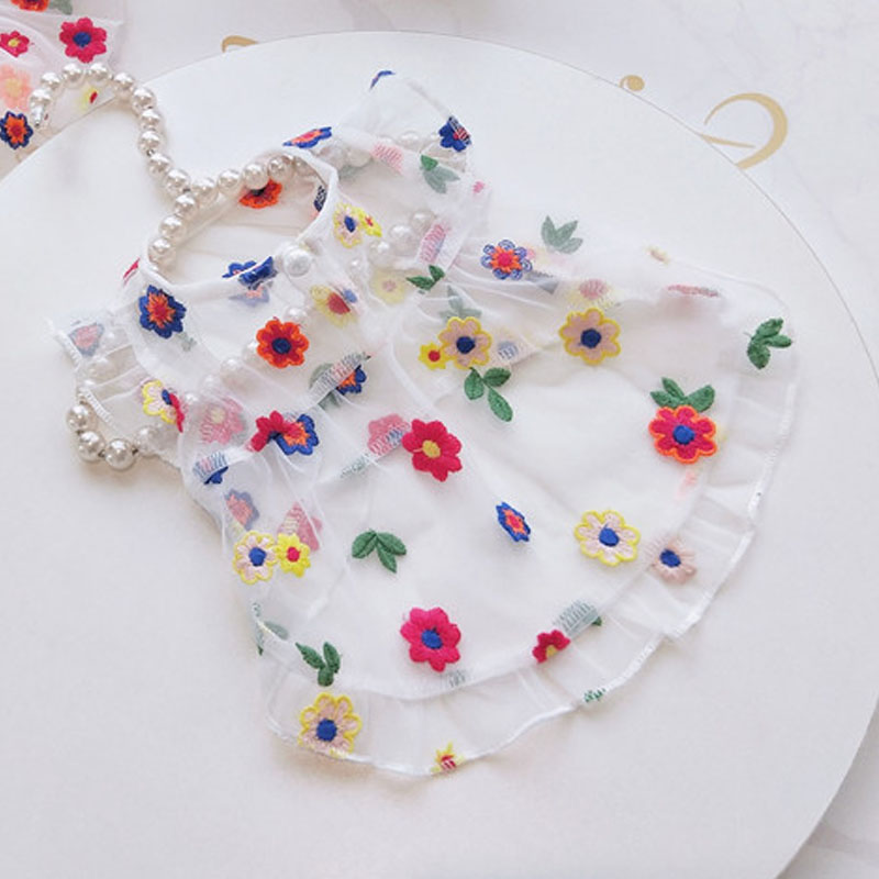 Robe transparente en Tulle pour filles, motif Floral, blanc, manches courtes, chiot, chat, caniche, jupe de princesse, Chihuahua, carlin, été