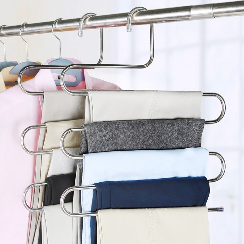 Roestvrij Staal Broek Rack S-Vormige 5-Layer Garderobe Hanger Broek Clip Kleding Opslag Magische Hanger Tie Handdoek hanger
