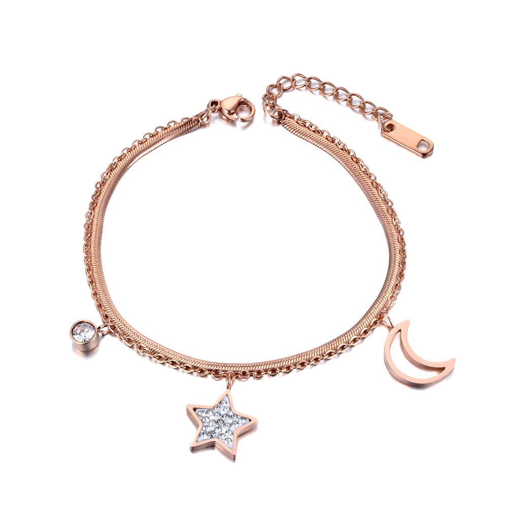 Lokaer étoile lune breloque Double couches femmes Bracelet Bracelet en acier inoxydable serpent lien chaîne bohême été plage bijoux B19019: Or Rose Couleur