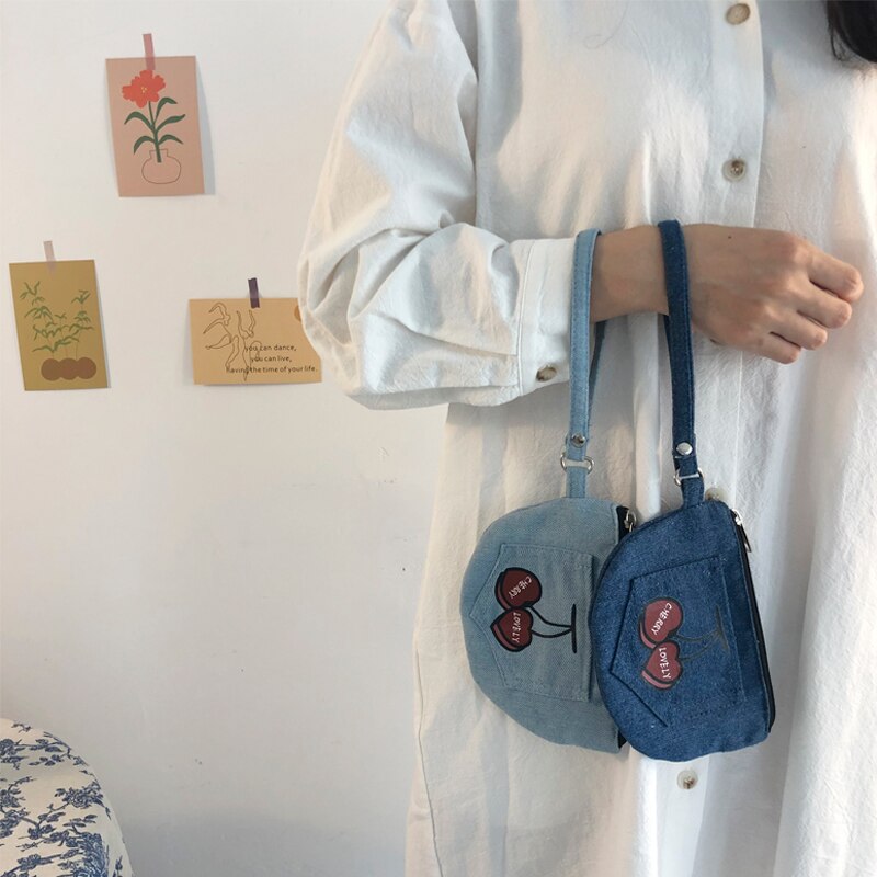 Women Denim Cloth Cartoon Cherry Pattern Ladies Casual Mini Bag Students Female Small Handbag