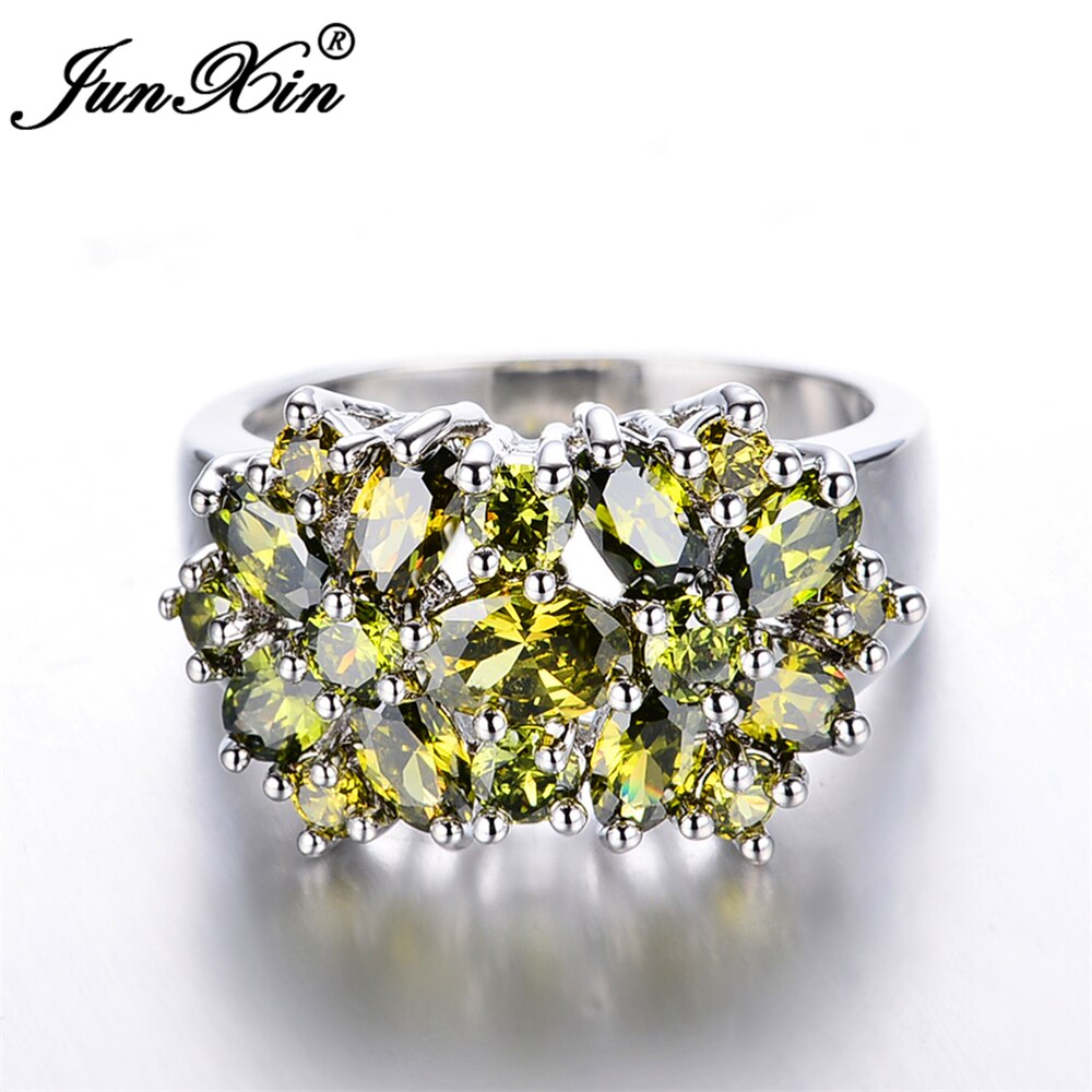 Junxin moda femminile peridot fiore zircone anello di lusso in oro bianco riempito di cristallo gioielli vintage anelli di cerimonia nuziale per le donne