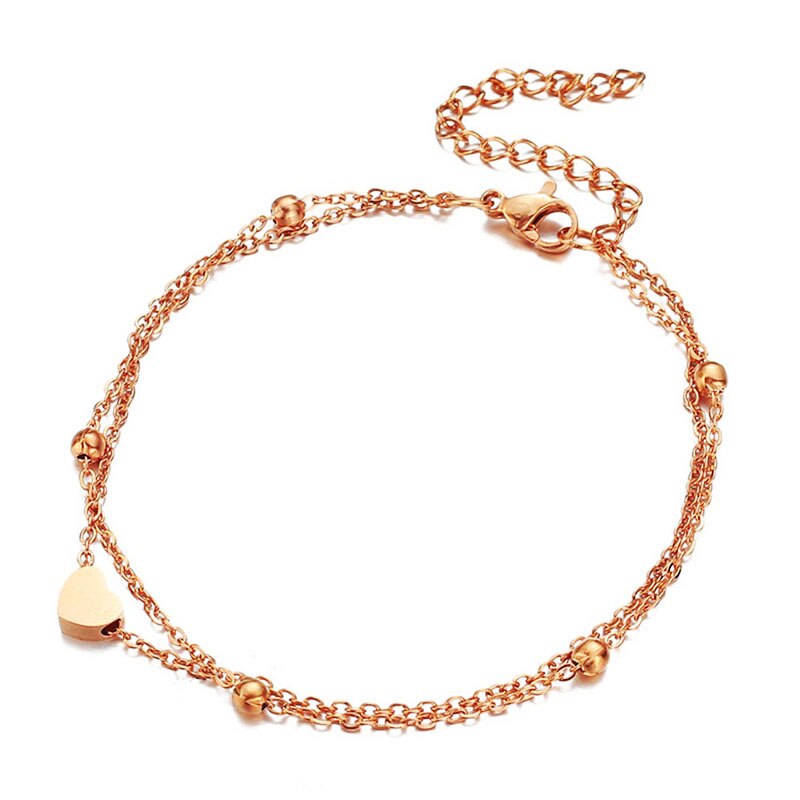 Stainless Steel Thin Bead Chain Heart Anklet For Women Double Layer Foot Anklet Sandals Bohemian Beach Leg Jewelry: Rose gold