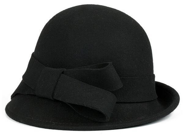 Wool hat Autumn Winter Noble European American Girls Cap Ladies Bucket Hat Women Wool Fedora Hat: Black