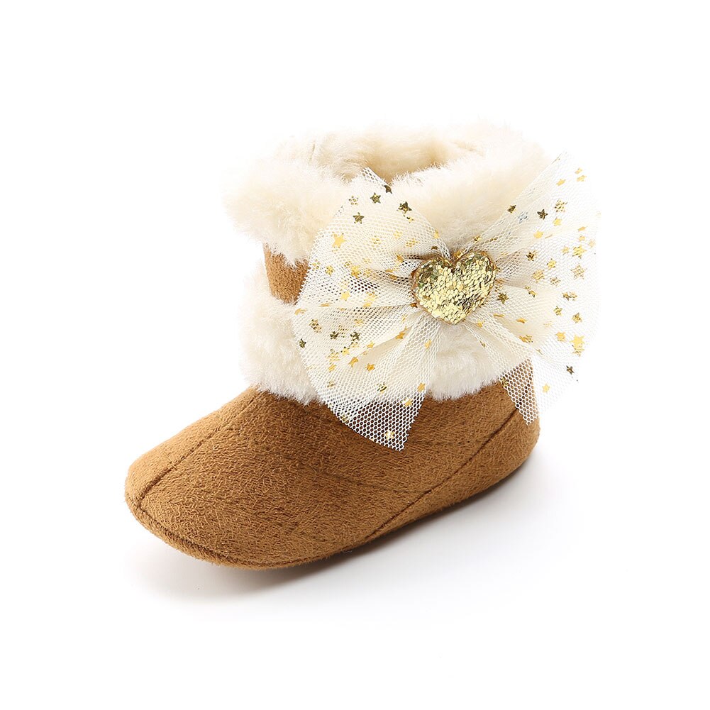 Sneeuwlaarzen voor babymeisjes, zachte zool, antislip, comfortabele voering van imitatiebont, enkellaarsjes met schattige strik van tule: Bruin / 13-18 maanden