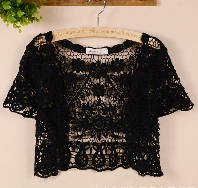 Chaqueta de manga corta para mujer, Bolero de encaje, color blanco, negro, albaricoque, para boda y verano: Black / M