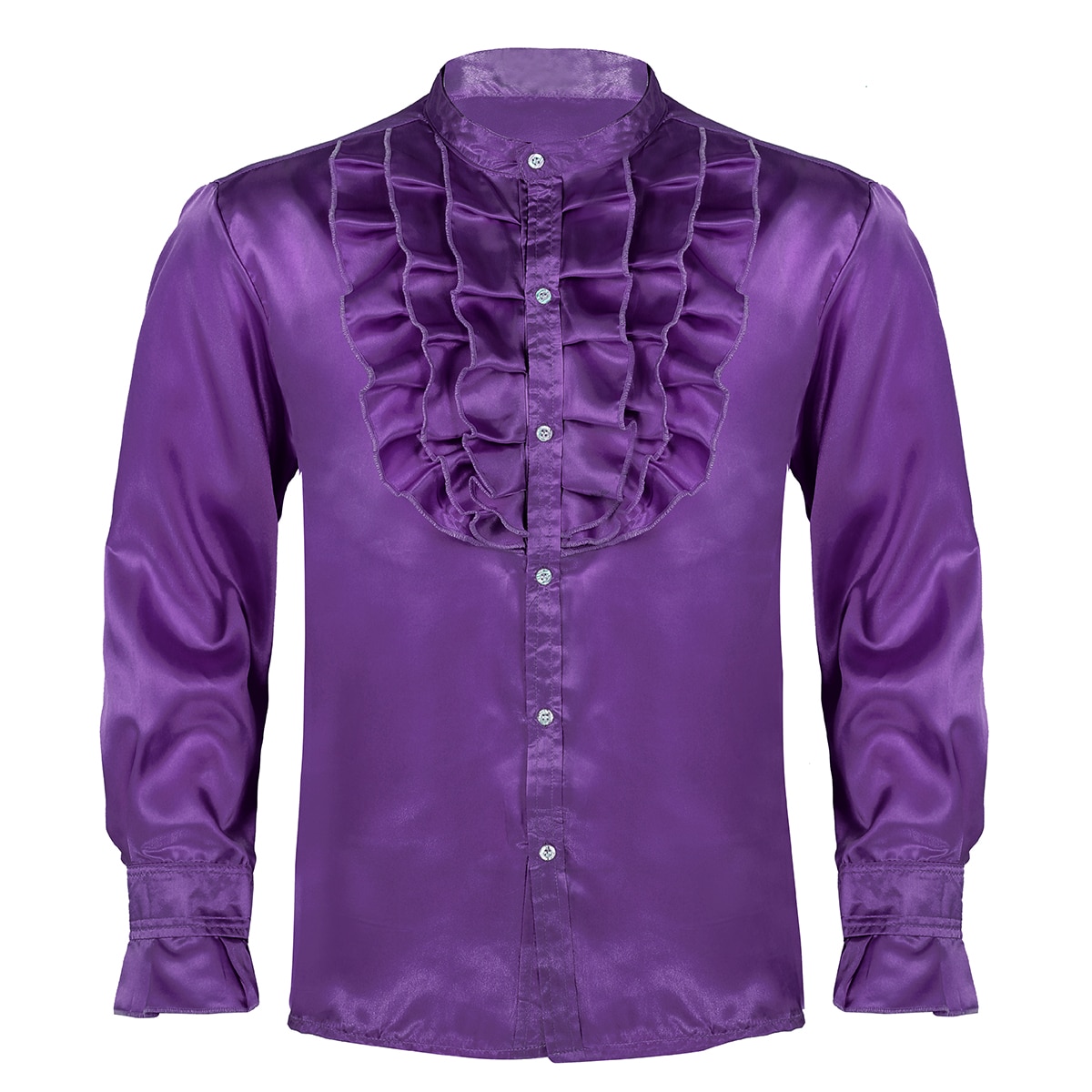 Vêtements pour hommes Hip Hop fête Clubwear soie col montant avant à volants bouton bas Slim Fit Vintage mariage smoking robe chemises: Purple / XXL