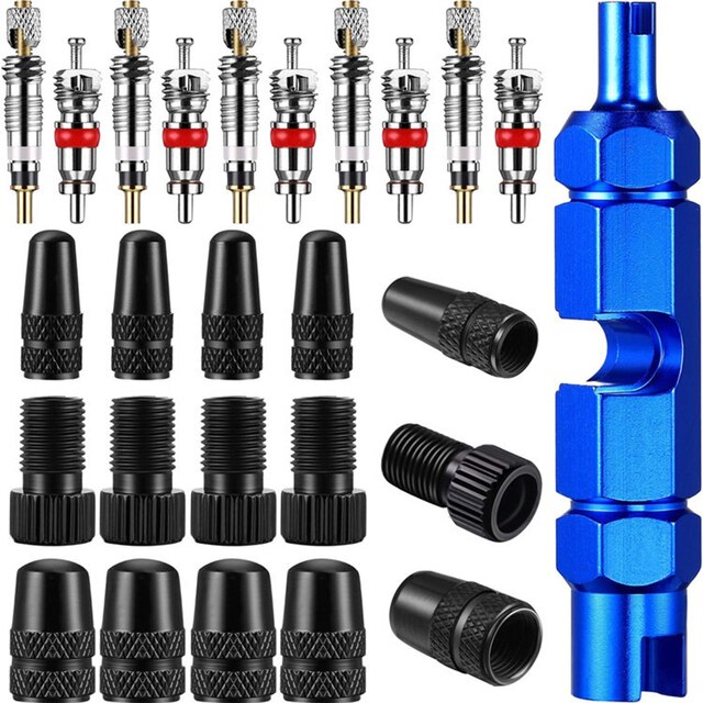 VooGenzek 21 Stuks Bike Valve Core Remover Repair Tool, Fietsventiel Verwijderaar Gereedschapsset met Tubeless Messing Vervangend Presta- Ventielkern en Dop, Multifunctionele Schrader Presta-Sleutel