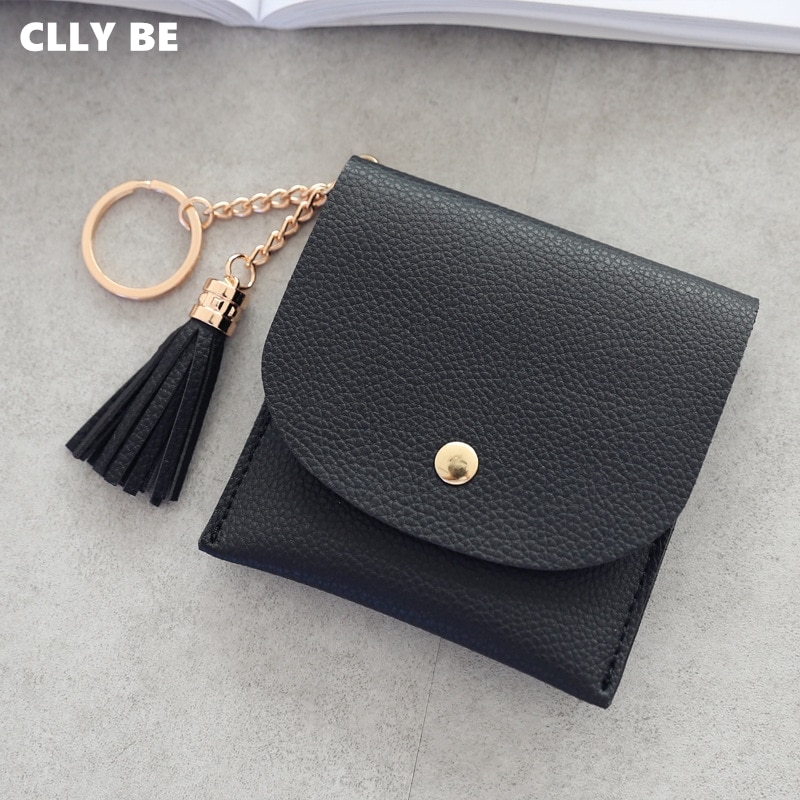 Student Thin Wallets Women Coin Purse Ladies Pu Leather Tassel & Metal Ring Clutch Keychain Thin Key Bag Card Holders Mini Pouch