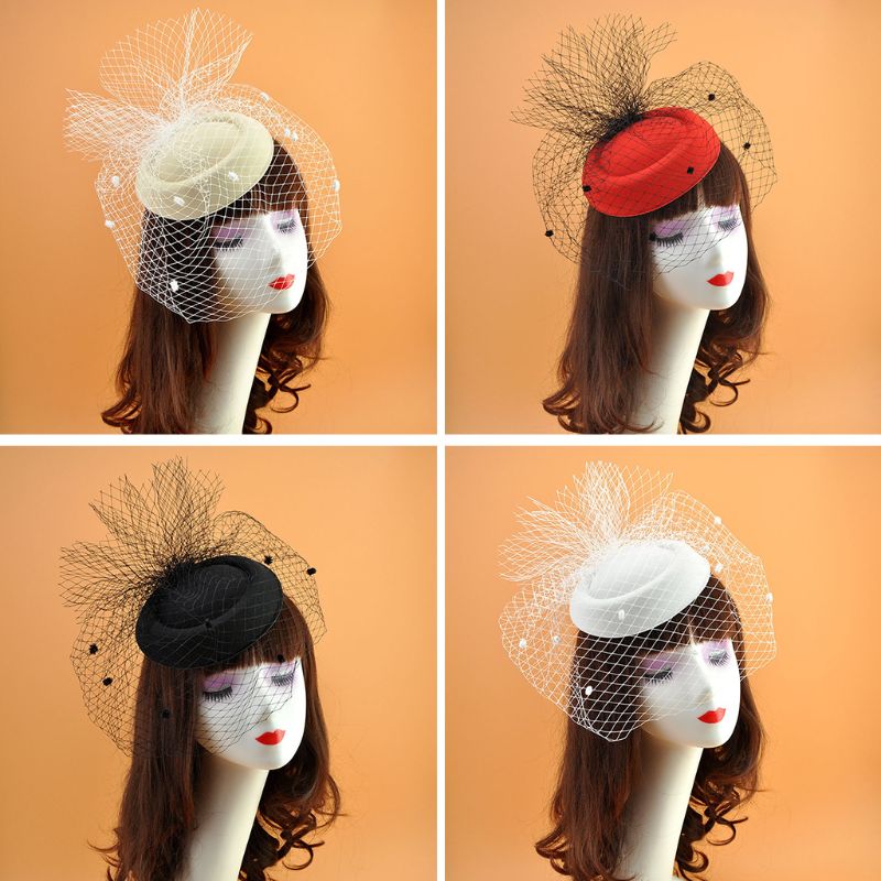 Damski Kapelusz Fascinator Filcowy - Welon z Siateczki - Dekoracja w Kropki - Spinki do Włosów na Wesele, Ślub, Koktajl