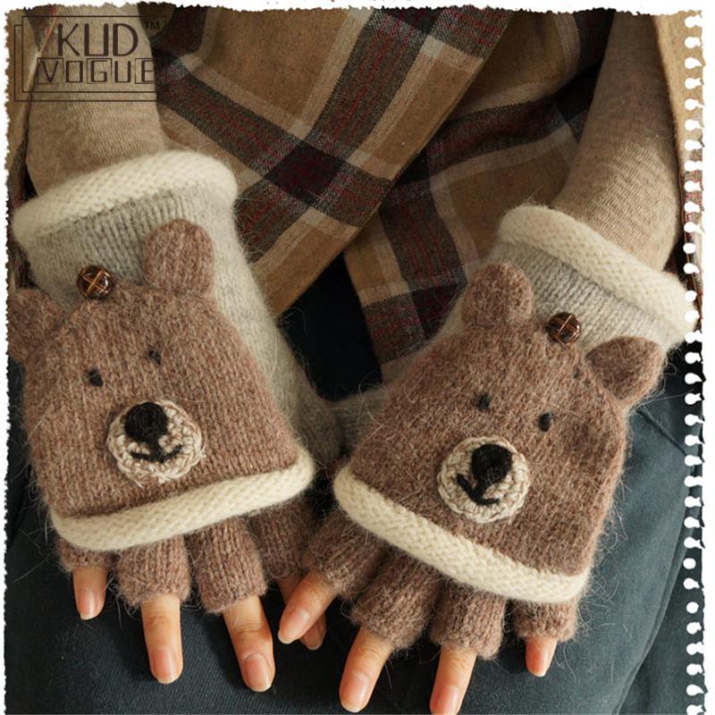 Mori Girl Lolita Kawaii medio dedo dibujos animados encantador oso León invierno guantes De lana guantes gruesos sin dedos calientes Luvas De Inverno