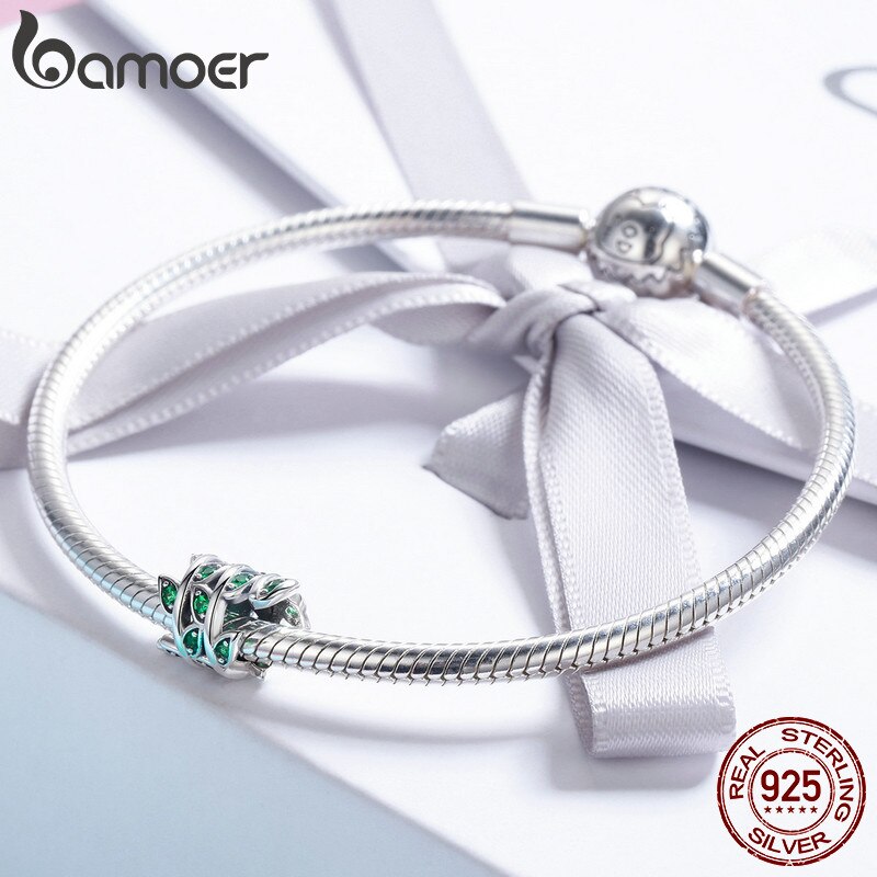 BAMOER 100% 925 Sterling Silver Tree of Life Green Tree Leaves Beads fit Women Bracelet & Necklaces DIY Jewelry Making SCC567