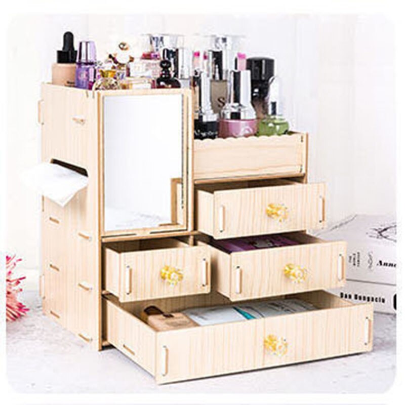 Organizador de maquillaje de madera con espejo, cajón de escritorio, organizador de cosméticos para mujer, tocador, lápiz labial, Perfume, caja de almacenamiento de joyería