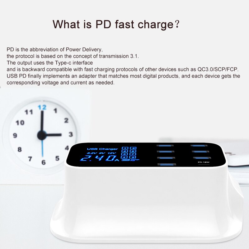 Goojodoq carregador pd 40w 8 entradas, carregador usb inteligente, display led, carregamento rápido usb para apple, iphone, adaptador, ipad xiaomi samsung