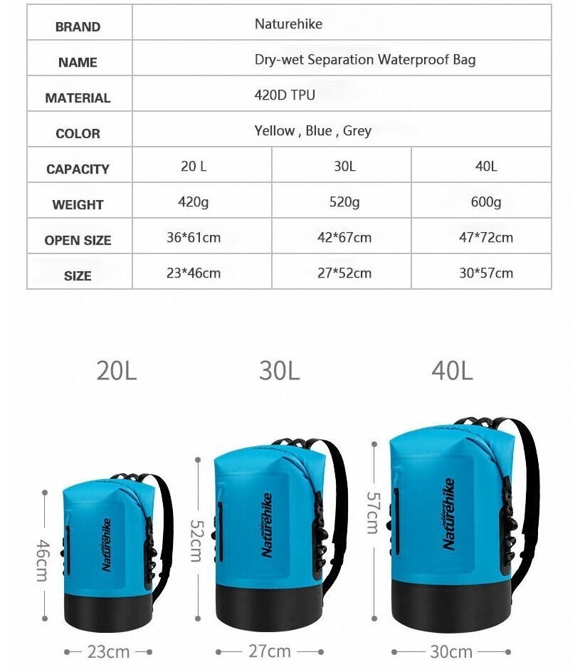 Naturehike 20l/30l/40l vanntette poser tørrpose tpu vanntett ryggsekk sportsbag rafting svømmesekker ryggsekk ugjennomtrengelig tørrpose