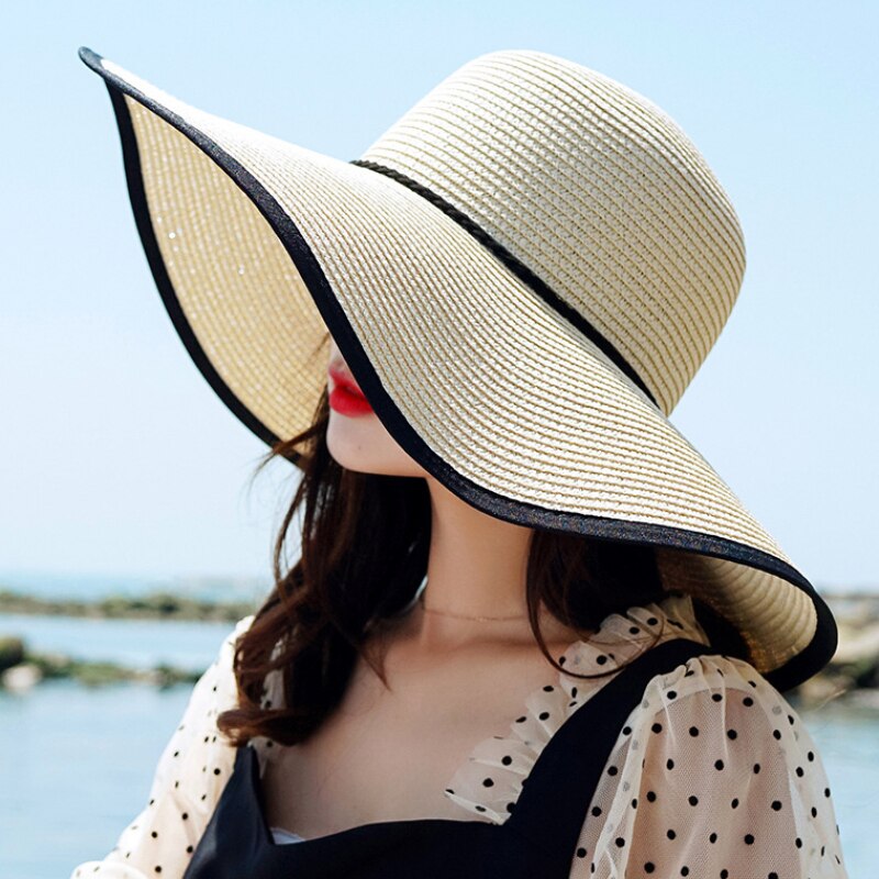 HT3074 Grote Grote Brede Rand Hoed Vrouwen Solid Zomer Zonnehoed Dames Packable Floppy Strooien Hoed Vrouwen Strand Cap Vrouwelijke koepel Strand Hoed: Beige