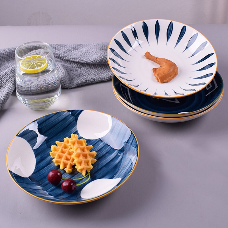 Plato hondo de cerámica pintado a mano japonés, plato de fruta familiar, plato occidental para carne, precio al por mayor, 4 Uds.