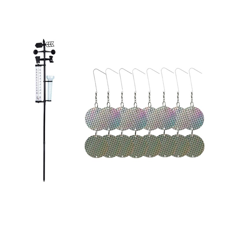 Garden Weather Station, Weather Station Rain Gauge with 16PCS Reflective Bird Scare Discs