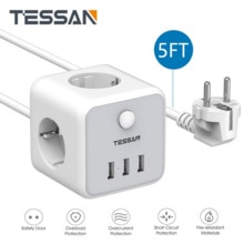 TESSAN Power Strip EU Socket Travel Power Strip with 3 AC Outlets and 3 USB Charging Ports On/Off Switch 1.5m/5ft Extension Cord